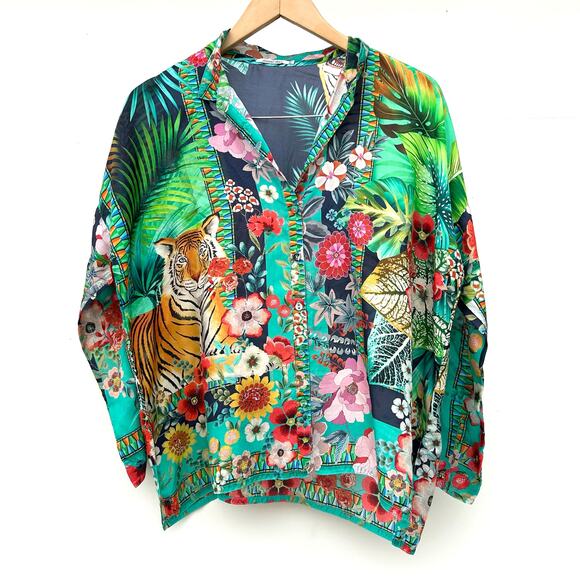Johnny Was Tigres Et Fleurs Silk Button Down Shirt Tropical Tiger XS Blouse - Picture 4 of 11